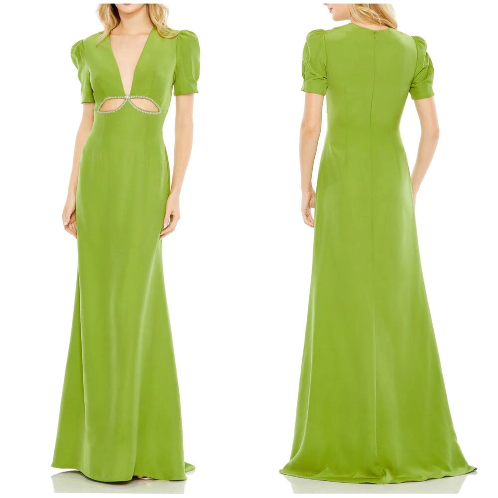Mac Duggal NWT Plunge Neck Puff Sleeve Beaded Cut Out Gown Green Apple Size 2